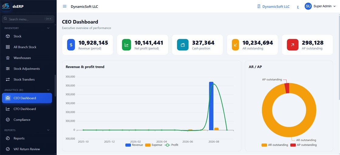 dsFatoora ERP CEO dashboard with revenue, profit, AR and AP