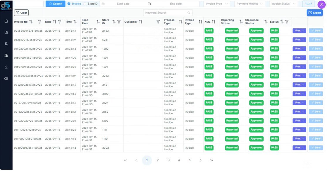 dsFatoora Middleware invoice list with reporting and clearance status