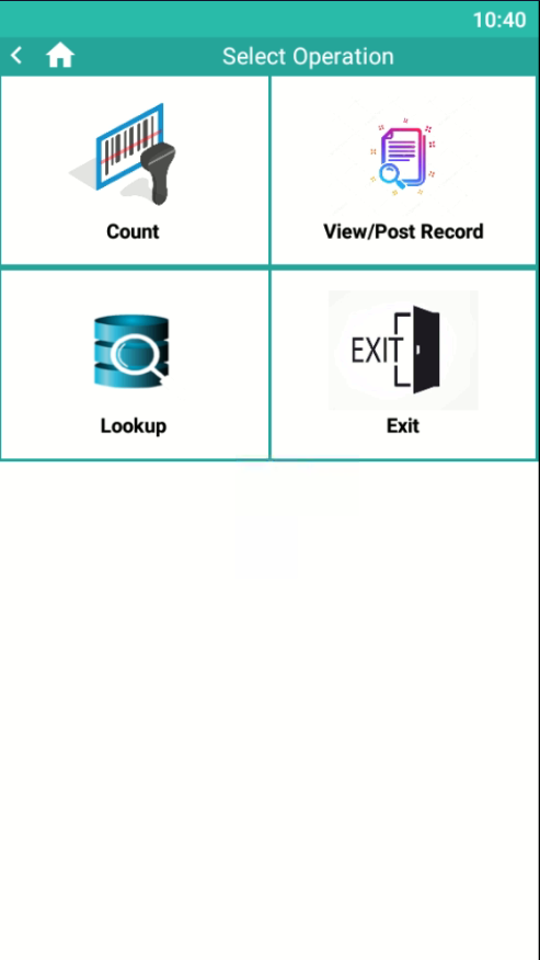 Amtrack mobile app: Select Operation screen with Count, View/Post Record and Lookup